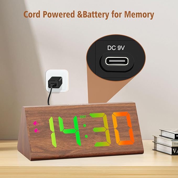 Wooden Digital Alarm Clock with Dual USB Charging Ports, DST, Dimmable, Snooze, RGB Colors, Modern Large Time Display LED Clock for Kids Bedrooms, Living Room, Desk, Table, Bedside, Nightstand (Brown)