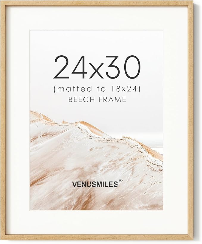 24x30 Poster Frame, USA-Sourced Natural Beech Wood Picture Collage Frame with HD Tempered Glass, Modern Simple 24 x 30 Wooden Photo Frame Matted to 18x24, Vertical & Horizontal Wall Hanging Display
