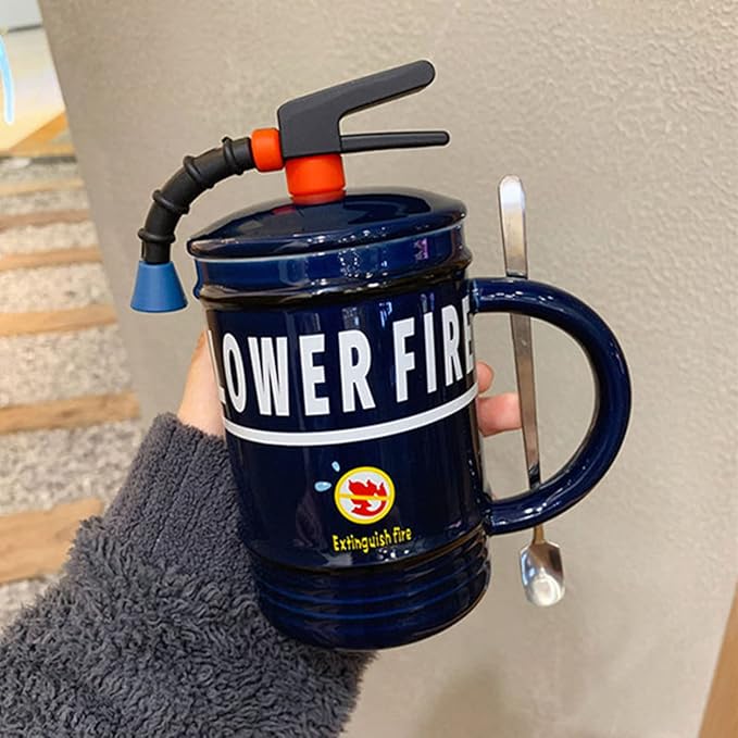 Coffee Mug Cups Ceramic Tea Cup Fire Extinguisher Shaped Handmade Cute Mugs With Lid Spoon Handle Office Home Hot Ice Chocolate Milk Mugs Gifts Microwave Dishwasher Safe Travel Mugs (Blue)