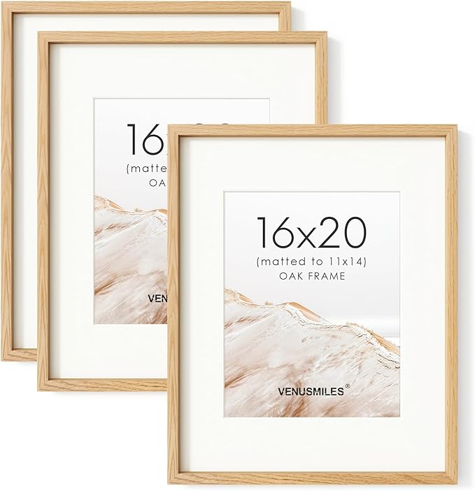 16 x 20 Picture Frame Set of 3, USA-Sourced Natural Oak Wood Photo Collage Frame with HD Tempered Glass, Modern Simple 16x20 Wooden Frame Matted to 11x14, Vertical & Horizontal Wall Hanging Display