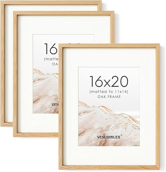 16 x 20 Picture Frame Set of 3, USA-Sourced Natural Oak Wood Photo Collage Frame with HD Tempered Glass, Modern Simple 16x20 Wooden Frame Matted to 11x14, Vertical & Horizontal Wall Hanging Display