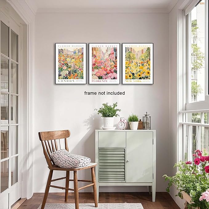 XLARTMY Flower Market Wall Art Print Canvas Yellow Pink Floral Paintings Colorful Botanical Sunflower Artwork Travel Poster for Decor Picture 3 pieces for Living Room Bedroom Bathroom 12x16in Unframed