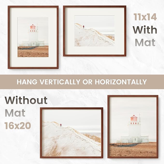16 x 20 Picture Frame, USA-Sourced Natural Mahogany Wood Photo Collage Frame with HD Tempered Glass, Modern Simple 16x20 Wooden Frame Matted to 11x14, Vertical & Horizontal Wall Hanging Display