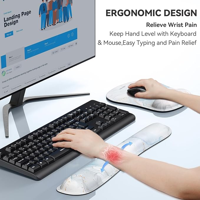TECKNET Keyboard Wrist Rest and Mouse Pad with Wrist Support, Memory Foam Set for Computer/Laptop/Mac, Lightweight for Easy Typing & Pain Relief Ergonomic Mousepad