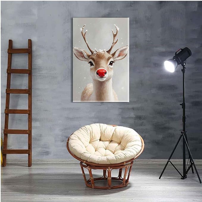 Framed Canvas Wall Art Red Nosed Reindeer Christmas Farmhouse Mantle Canvas Wall Art Print Farmhouse Christmas Poster 8x12in Wood Framed