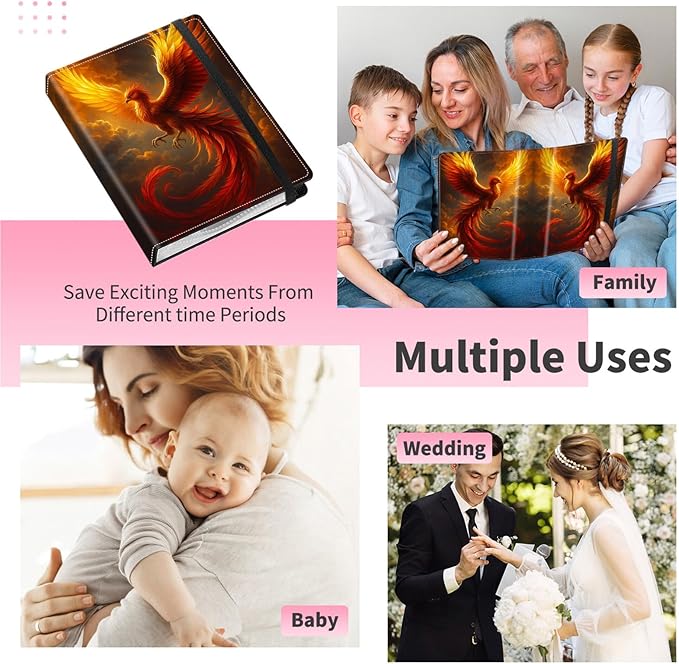 Photo Album 4x6-120 Photos Capacity,PU Leather Cover with Elastic Band,High Definition Waterproof PP Pages for Family Wedding Anniversary Baby Record,Phoenix Flame Bird