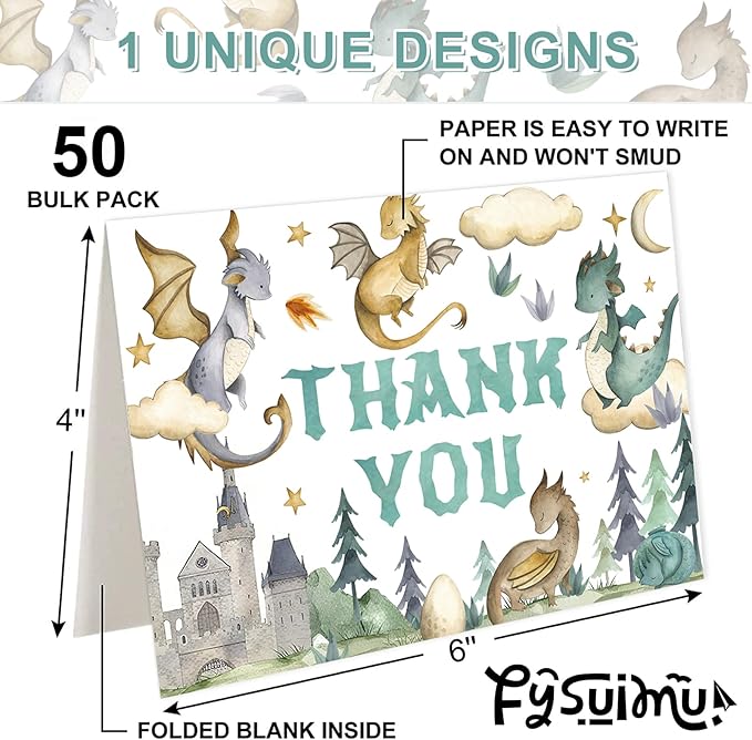 50 Pack Cartoon Dragon Baby Shower Thank You Cards Boxed Greeting Cards with Envelopes Stickers Blank Note Card for Birthday Party Supplies