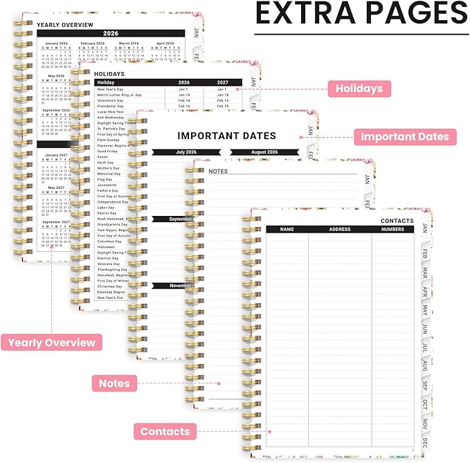 Taja Planner Jan 2026 - Dec 2026, Hardcover Weekly & Monthly Calendar Planner/Planning Agenda Book for Women with Tabs & Inner Pocket, Spiral Bound for School/Office Supplies, Wildflowers, 6.3" x 8.5"