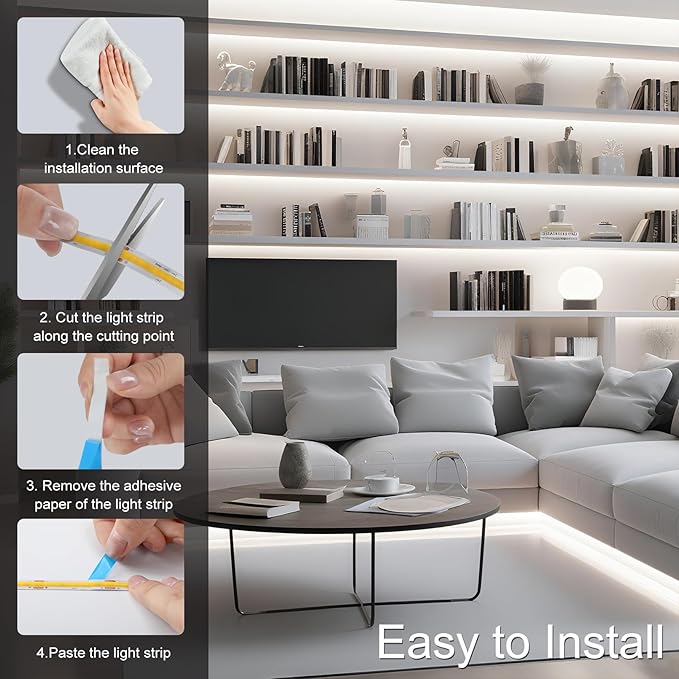 24V COB LED Strip, LED Strip for Bedroom, 16.4FT Remote Control LED Strips, White LED Light Strip, COB Flexible Light for Bedroom Cabinet Vanity Mirror DIY Lighting