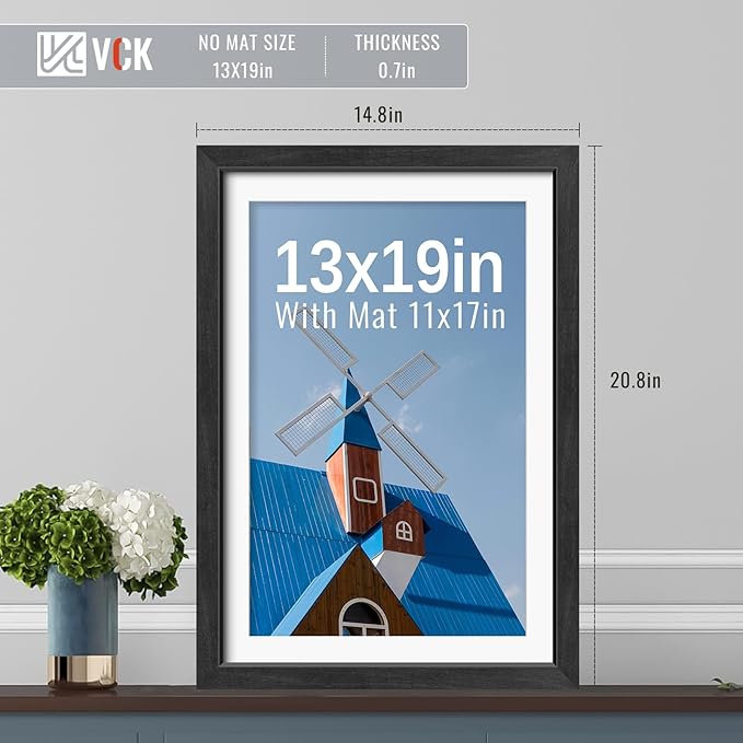 VCK 13x19 Picture Frames Black Set of 5, Wide Border Wood, Tempered Glass, Display 11x17 Photo with Mat or 13 x 19 without, for Home, Office, Gallery, Woodgrain Series, Wall Hanging