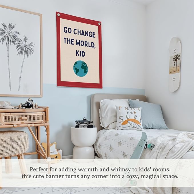 Classroom Decor,Motivational Wall Decor,Go Change the World Kid Linen Canvas Banner,Playroom Wall Decor Hanging Flag for Playroom Bedroom Nursery Graduation Gifts 18x25 Inch