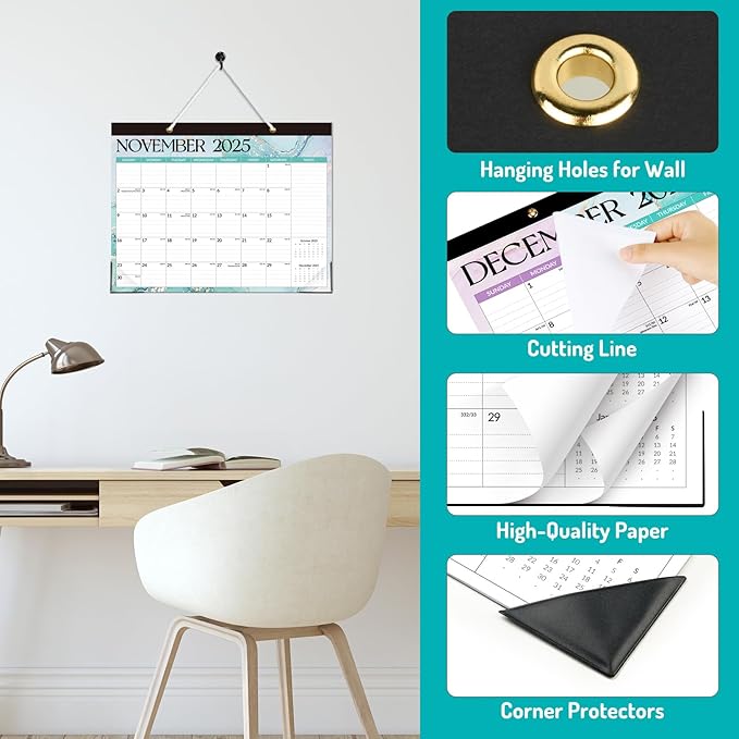 Forvencer Desk Calendar 2026, 20 Months Calendar, Nov. 2025-Jun. 2027, 14" x 11" Wall Calendar 2026 Monthly Planner with Plastic Cover & Stickers & Thick Paper for Office Home School Supplies, Marble