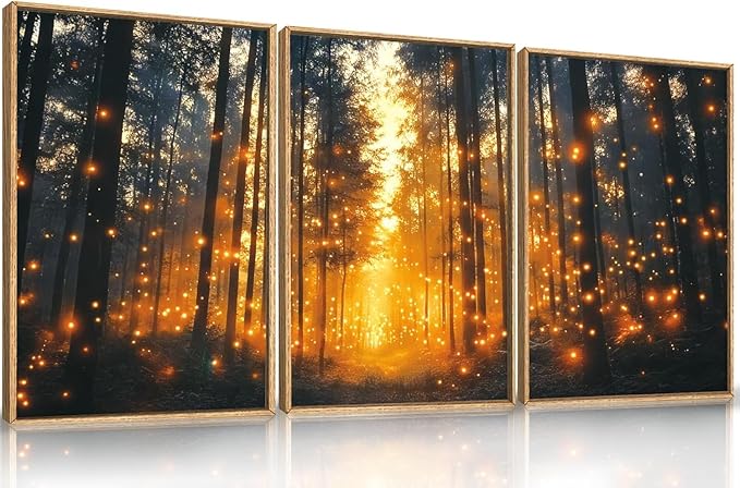Magical Firefly Forest Framed Canvas Wall Art Set,Enchanted Night Nature Mystical Woodland Wall Decor,Whimsical Orange Twinkling Black Tree Art Print for Living Room, Bedroom, Office- 24"x36"x3