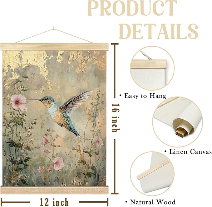 bitCNY 12x16 Inch Hummingbird Canvas Wall Art – Floral Gold Foil Style Poster, Linen Hanging Print for Nature and Bird Lovers Decor
