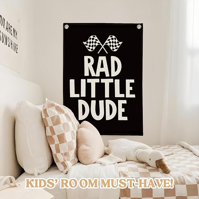 Race Car Room Decor, Rad Little Dude Linen Canvas Banner for Boy Room Decor, Playroom Toddler Boys Bedroom Kidsroom Decor 18x25 Inch