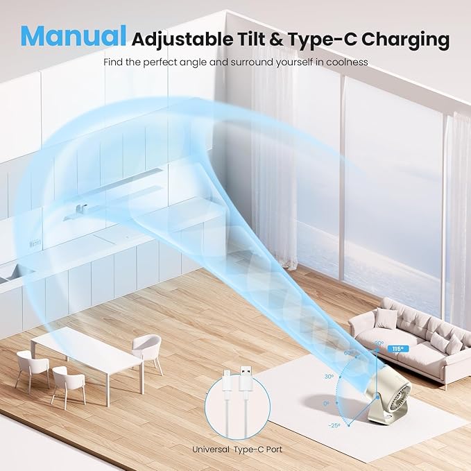 Small Desk Fan, 28dB Ultra-Quiet Desktop Air Circulator with 115° Adjustable Tilt, 100 Speeds, Rechargeable Battery, USB-Powered, Portable for Bedroom, Office, Kitchen, Travel -White