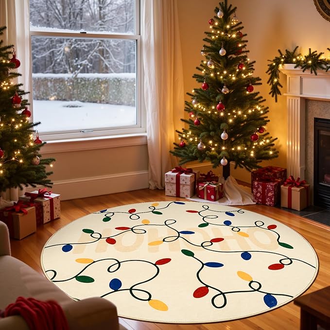 jinchan Jingle Lights Round Christmas Rug for Living Room 5ft Beige Circle Holiday Rug for Bedroom 5' Colored String Lights Printed Xmas Decor Washable Indoor Carpet for Dining Room Foyer Non-Slip