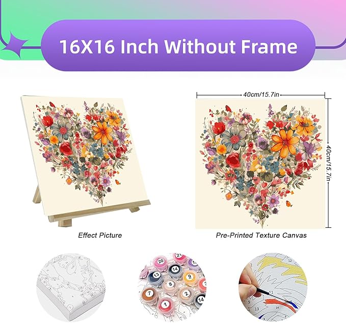 BYGFHLYW Wildflower Paint by Numbers Kit for Adults Beginners, Heart Flower Easy Adult Paint by Number Kits On Canvas, DIY Acrylic Oil Painting Kits for Home Wall Decor 16x16Inch