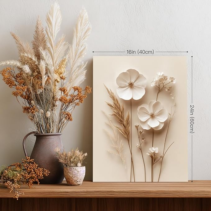 HLXRAE Minimalist Beige Floral Canvas Wall Art, Neutral Farmhouse Wall Decor, Framed Vintage Botanical Poster Prints, Modern Flower Aesthetic Pictures for Bathroom Living Room Bedroom 16"x24"x3