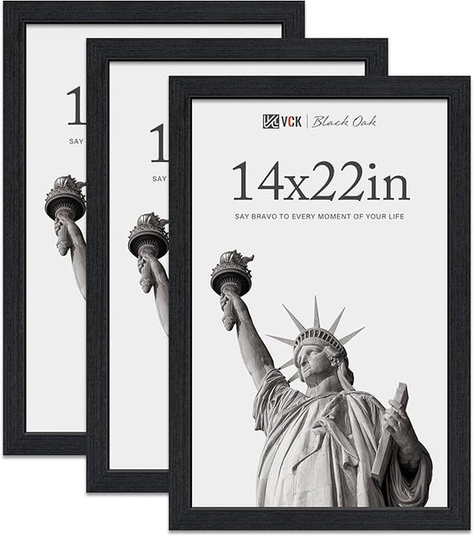 VCK 14x22 Frame for Poster & Picture - Black Oak 3 Pack, Natural Textured Solid Wood Frame, Wall Hanging