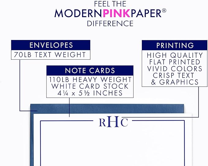 Modern Pink Paper 3 Letter Monogram Stationery Set for Men or Women FLAT NOTE CARDS, Monogrammed Note cards with Envelopes, Monogrammed Stationary Set PROFESSIONAL, Your Choice of Colors and Quantity