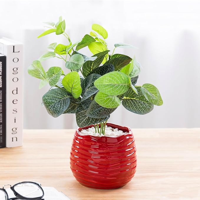 MyGift 5.5 Inch Modern Red Ceramic Plant Pot with Drainage Hole and Decorative Wavy Design, Small Succulent Planter Container