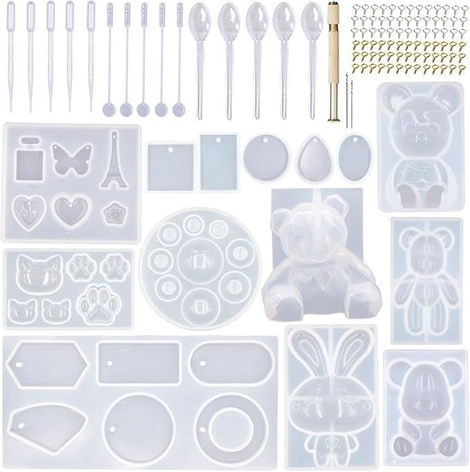 EuTengHao 132Pcs Animal Silicone Molds DIY Resin Casting Kit Contains 4 Bears 3D Bear Rabbit Cat Paw Mold Necklace Pendant Time Gem Eiffel Tower Jewelry Crystal