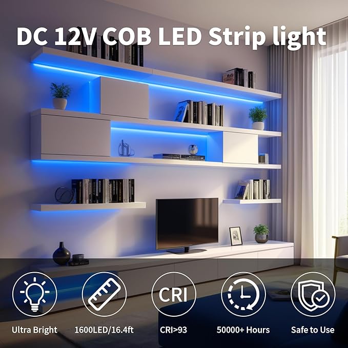 iNextStation 6.6ft 2M Blue COB LED Strip Light, 5V USB 640LEDs COB LED Strip with Dimmer, CRI 93+, Flexible COB LED Tape Lights for TV Backlight, Bedroom, Mirror, Wardrobe, Home Decor