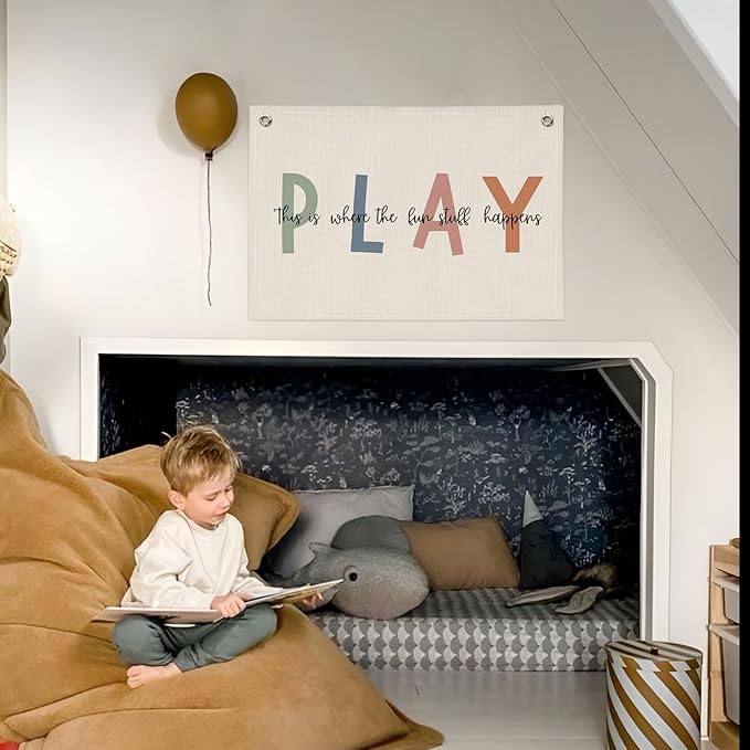 Playroom Wall Decor, Boho Classroom Kids Room Canvas Banner Wall Hanging Flag, This is Where All The Fun Stuff Happens Banner