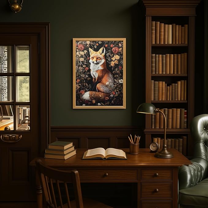 LLEEMPI William Morris Wall Art, Vintage Botanical Floral Wall Decor, Fox Flower Canvas Painting, Abstract Nature Botanical Aesthetic Picture for Living Room Bedroom Hallway Wood Framed 16x24 inch
