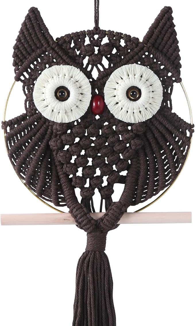 MVSUTA Owl Chocolate Cotton Handmade Macrame Wall Hanging Tapestry Home Decor Art and Bronze Craft Wonderful Decoration Woven Boho Ornament for Office Bedroom Apartment Living Nursery Gallery,1pc