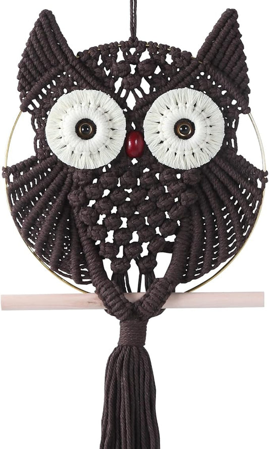 MVSUTA Owl Chocolate Cotton Handmade Macrame Wall Hanging Tapestry Home Decor Art and Bronze Craft Wonderful Decoration Woven Boho Ornament for Office Bedroom Apartment Living Nursery Gallery,1pc