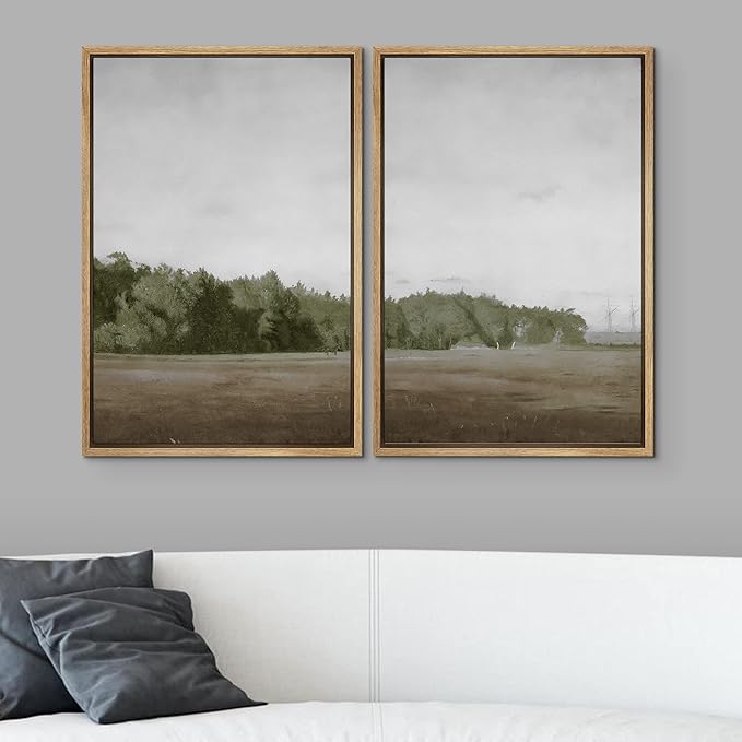 SIGNWIN Framed Canvas Print Wall Art Set Green Mountain Hill Forest Landscape Nature Wilderness Illustrations Fine Art Farmhouse/Country Minimal for Living Room, Bedroom, Office - 16"x24"x2 Natural