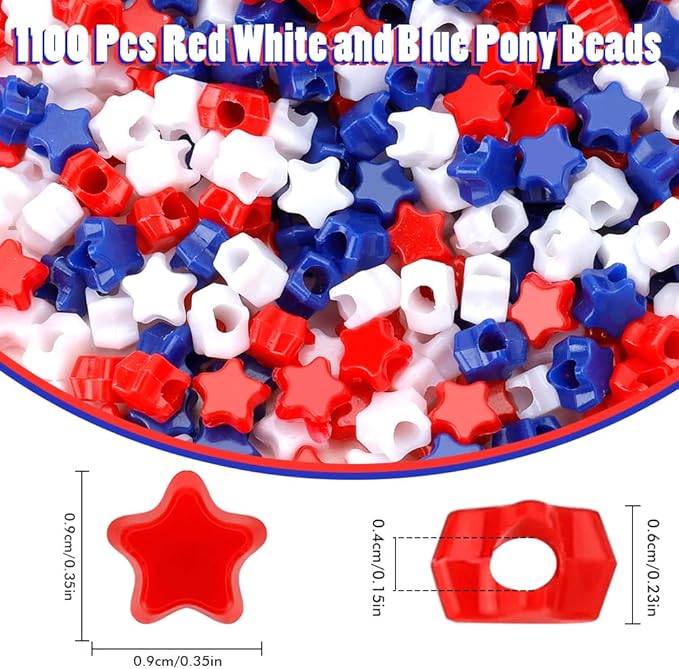 1100PCS Star Beads,Red White and Blue Beads,Patriotic Star Pony Bead Bracelets,4th of July Bead,Independent Day Accessories for Jewelry Making Crafts & Hair Braiding