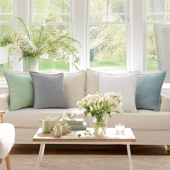 decorUhome Spring Chenille Soft Throw Pillow Covers 12x20 Set of 2, Lumbar Velvet Farmhouse Neutral Decorative Pillow Covers with Stitched Edge for Couch Sofa Bed Home Decor, Neutral Gray