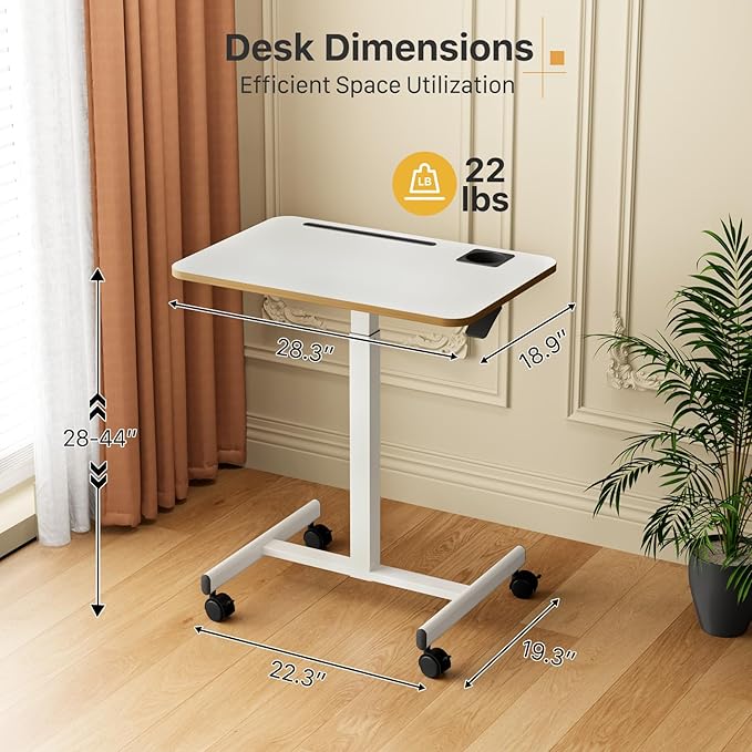 Mobile Standing Desk, Rolling Laptop Cart Adjustable Height with Cup Holder, 28 inch Portable Table with 4 Lockable Wheels, White Computer Workstation with Hook and Slots for Home Office