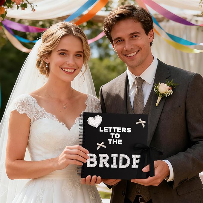 BINBE 8 x 8 Inch Letters to The Bride Scrapbook Kit DIY Blank Paper Scrapbook Photo Album Wedding Memory Book Bridal Guest Book Sign with Pearl Stickers, Letter Patches, Bows Black