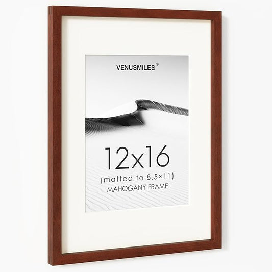 12x16 Picture Frame, USA-Sourced Natural Mahogany Wood Photo Collage Frame with HD Tempered Glass, Modern Simple 12 x 16 Wooden Frame Matted to 8.5x11, Vertical & Horizontal Wall Hanging Display