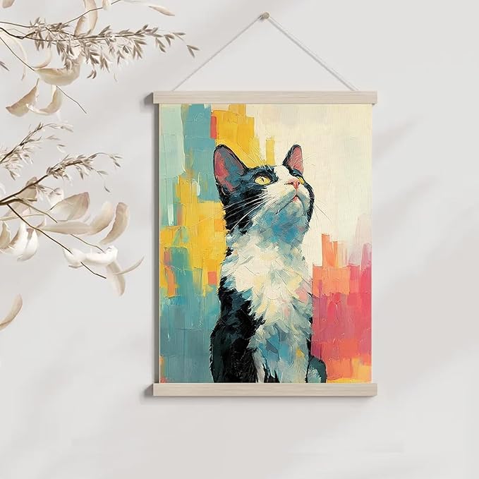 bitCNY Colorful Cat Wall Art – 12x16 Inch Bright Abstract Tuxedo Canvas Print, Modern Pet Painting for Cat Lovers & Kids’ Room
