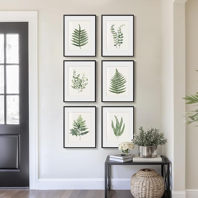 Framed Green Nature Botanical Wall Art, Set of 6 Minimalist Plant Leaf Painting Prints Artwork, Natural Fern Leaves Picture for Modern Farmhouse Living Room Bedroom Bathroom Kitchen Home Decor, 11x14