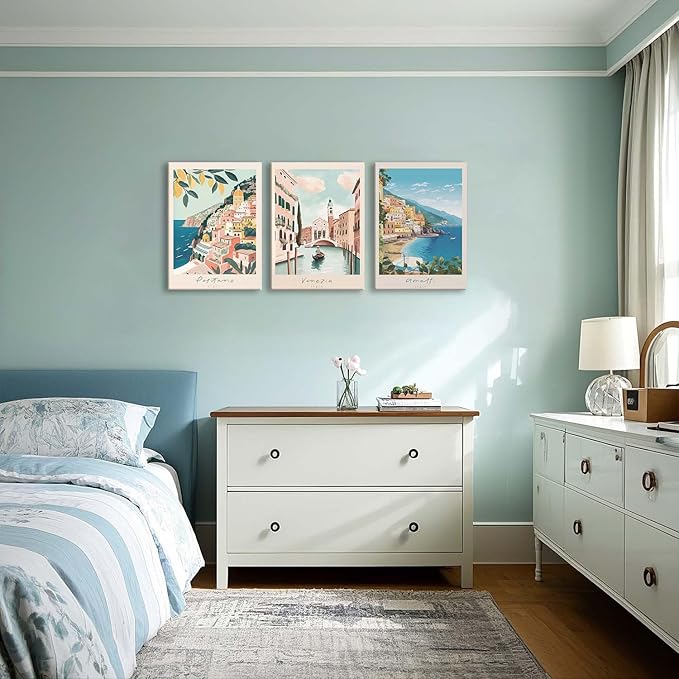 XLARTMY Italy Amalfi Coast Travel Posters Wall Art Framed Canvas Decor City Landscape Blue Venice Coast Painting Beach Modern Artwork for Living Room Bedroom Bathroom Office Set of 3 12x16in