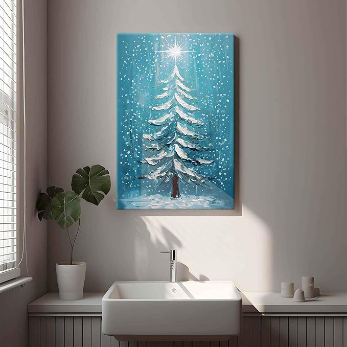 Framed Canvas Wall Art Blue Christmas Tree Print Merry Christmas Wall Decor Holiday Nature Gift Holiday Poster 28x40in Wood Framed