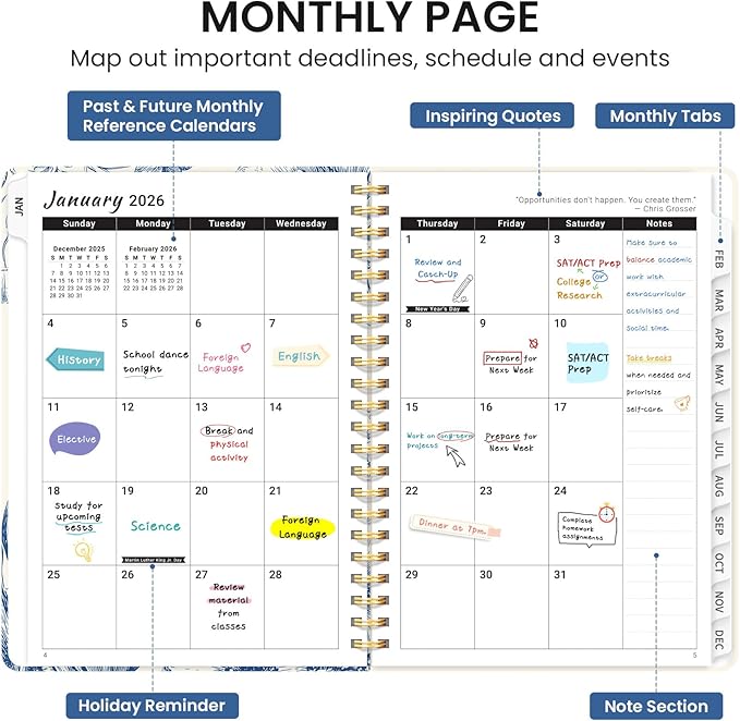 2026 Planner, Weekly and Monthly Calendar Planner for Women, Jan 2026 - Dec 2026, Hardcover Planning Agenda book with Tabs, Spiral Bound, Inner Pocket, Perfect for School Office Supplies, 6.3" x 8.5" - Blue Elegance