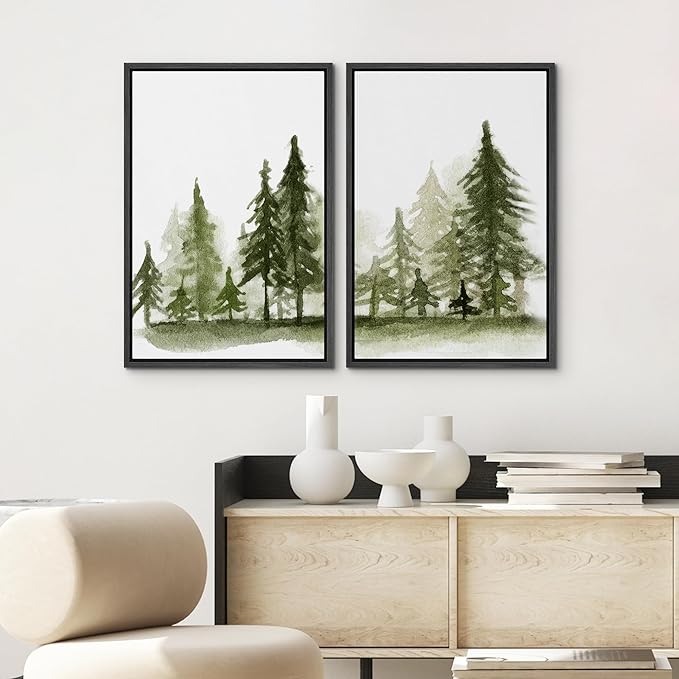 SIGNWIN Framed Wall Art Print Set Watercolor Dark Green Forest Pine Trees Nature Wilderness Illustrations Modern Art Rustic Relax/Calm Multicolor for Living Room, Bedroom, Office - 24"x36"x2 Black