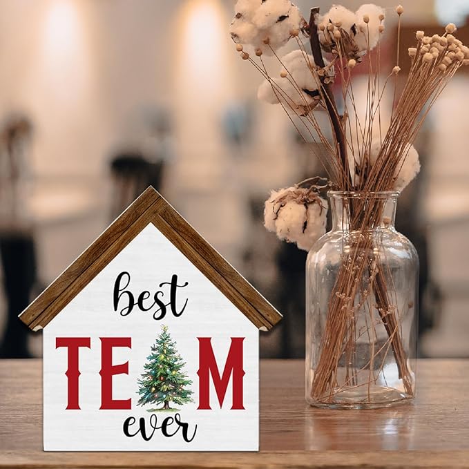 Christmas Office Decorations, Best Team Ever Gifts for Coworkers Employees, Office Christmas House Shaped Wooden Sign Decor for Desk Table Shelf