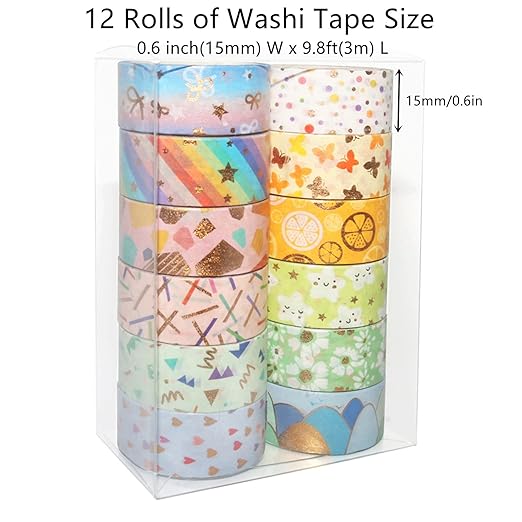 Candy Color Washi Tape Set 12 Rolls Bronzing Decorative Holiday Arts and Craft Washi Masking Tapes for Scrapbooking,Bullet Journal, Planner,Gift Wrapping, Stationery