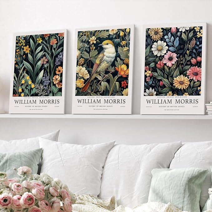 Hianan William Morris Floral Canvas Wall Art, Vintage Botanical Poster Prints, Bright Flower Bird Aesthetic Pictures, William Morris Animal Wall Decor for Living Room Bedroom Framed 16"x24"x3