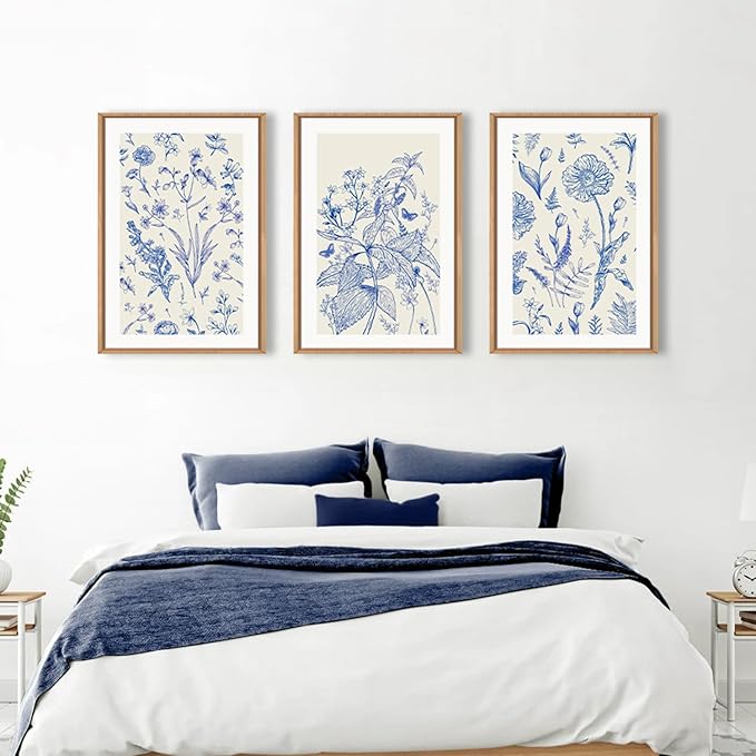 KAIRNE Blue and White Floral Wall Art Set of 3-16x24 Inch Chinoiserie Framed Canvas Art Prints, Navy Watercolor Botanical Flower Painting, Wildflower Decor for Living Room, Bedroom, Bathroom, Home