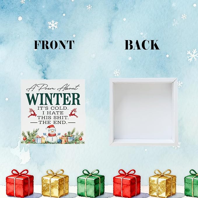 Funny Christmas Wooden Desk Decor Sign, A Poem About Winter Wooden Box Sign, Humorous Holiday Tabletop Home Plaque with Snowman Design, Winter Christmas Decor 5x5 Inches