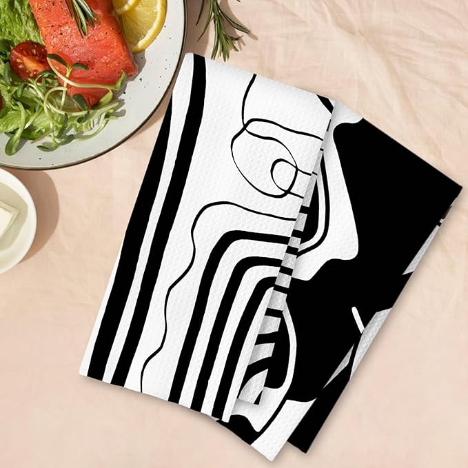 Abstract Black and White Kitchen Towels Set of 2, Modern Minimalist Wavy Line Art Dish Tea Towels for Kitchen, Contemporary Decor Hand Towels for Bathroom, 16x24 Inches